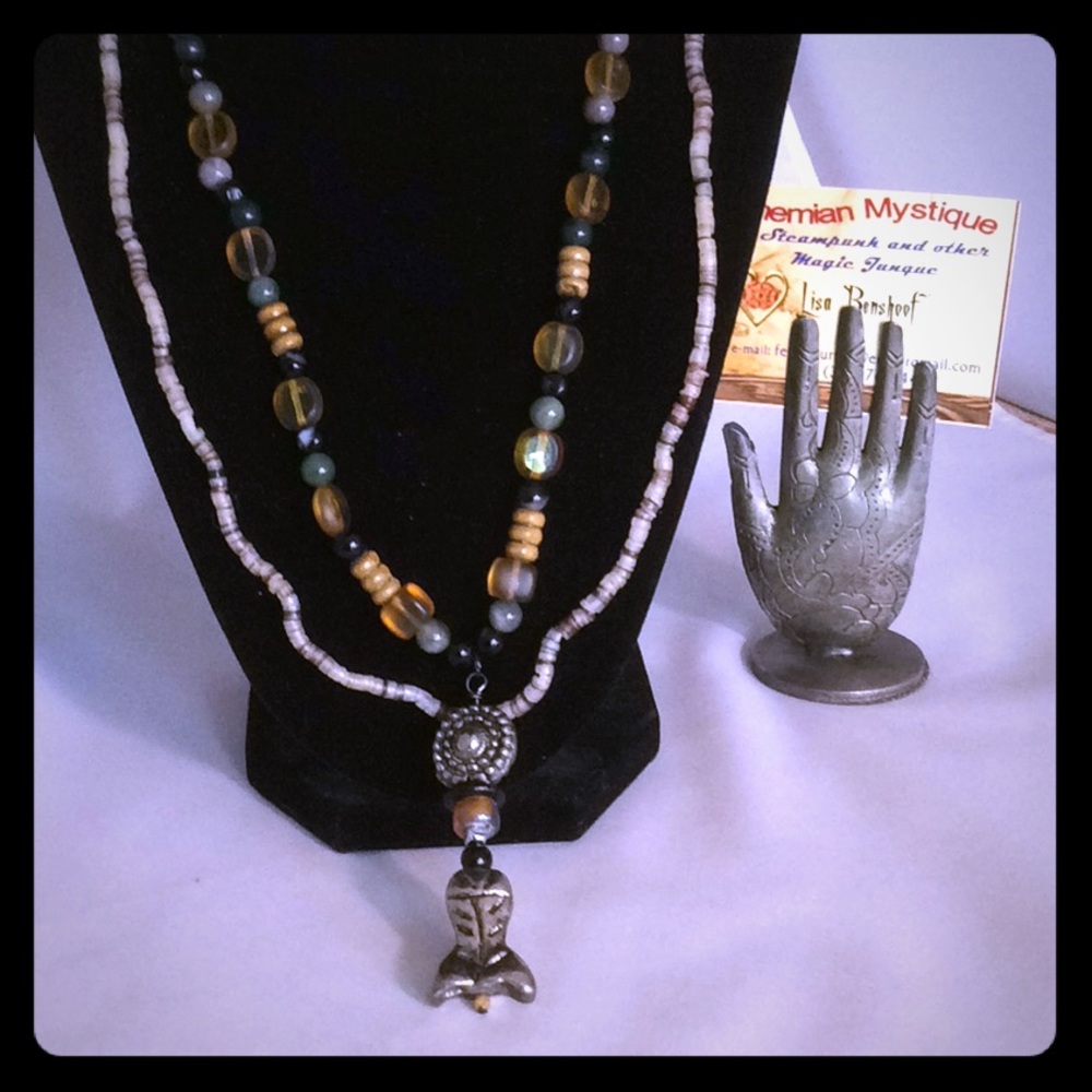 Jet, Aventurine and Wood Shell Mermaid Necklace